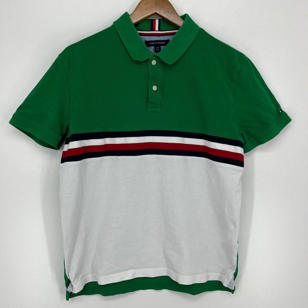 Tommy Hilfiger Polo Shirt Men's L Green‎ Striped Flag Logo Collared Short Sleeve